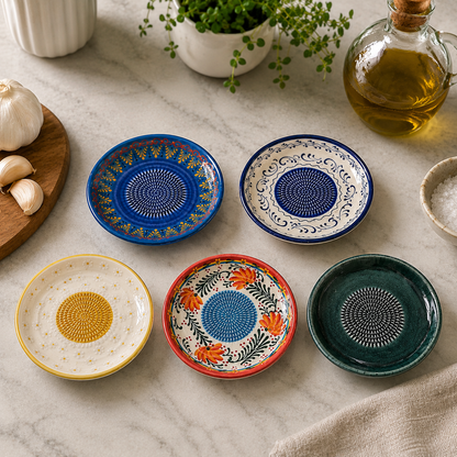 Set of colorful ceramic garlic garter plates on a marble surface with a bottle of oil and garlic in the background.
