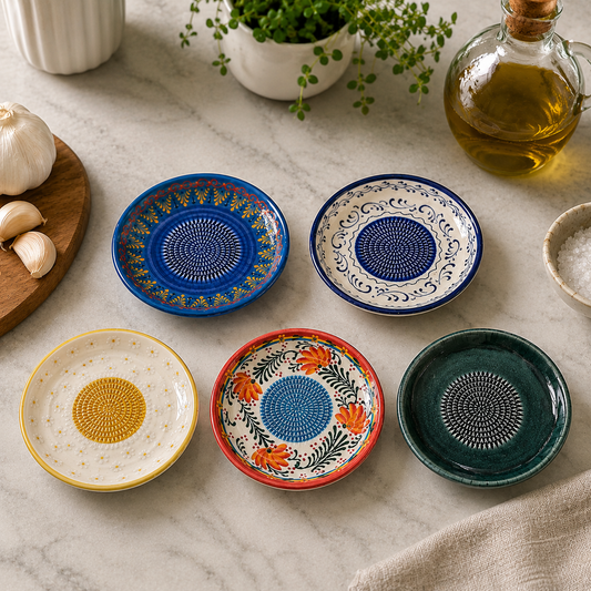 Set of colorful ceramic garlic garter plates on a marble surface with a bottle of oil and garlic in the background.
