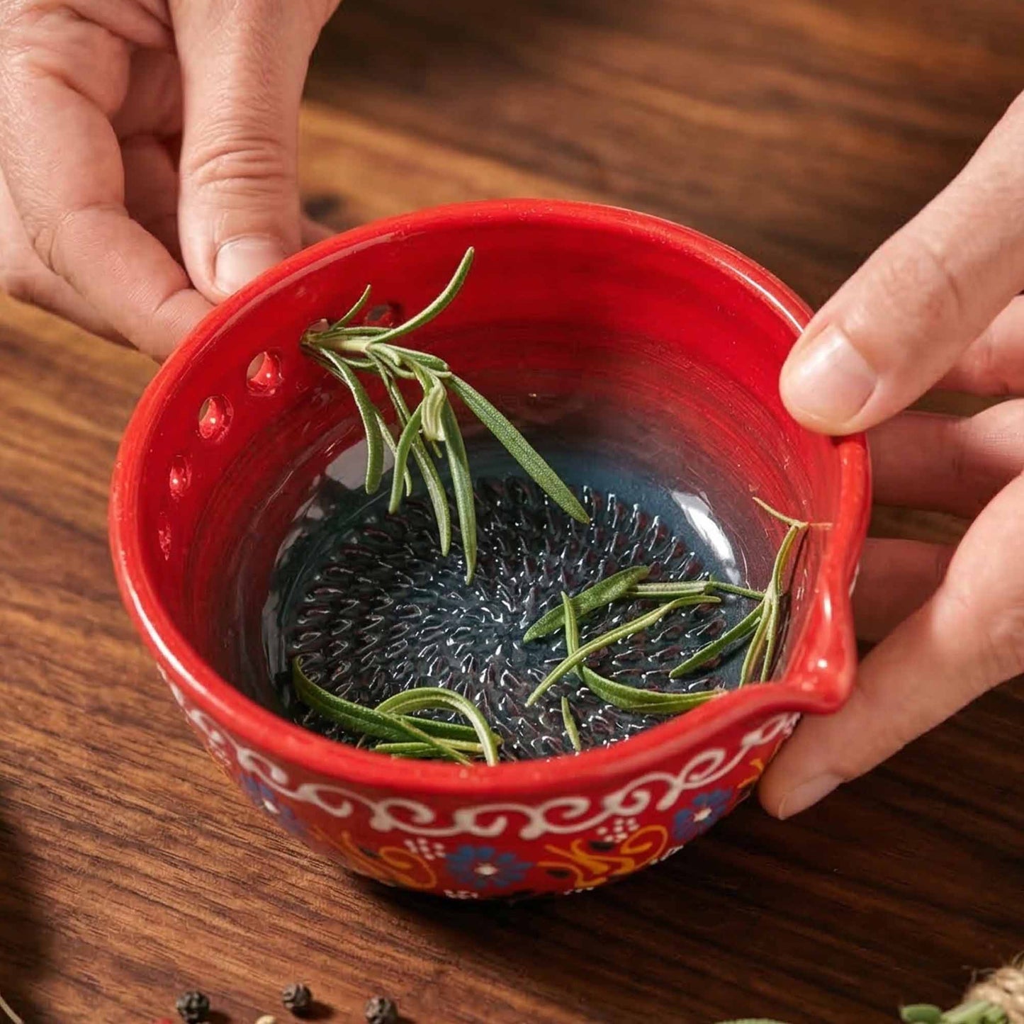 Herb Stripper Bowl & Garlic Grater  – Ceramic Ginder Bowl for Herbs, Ginger & Parmesan