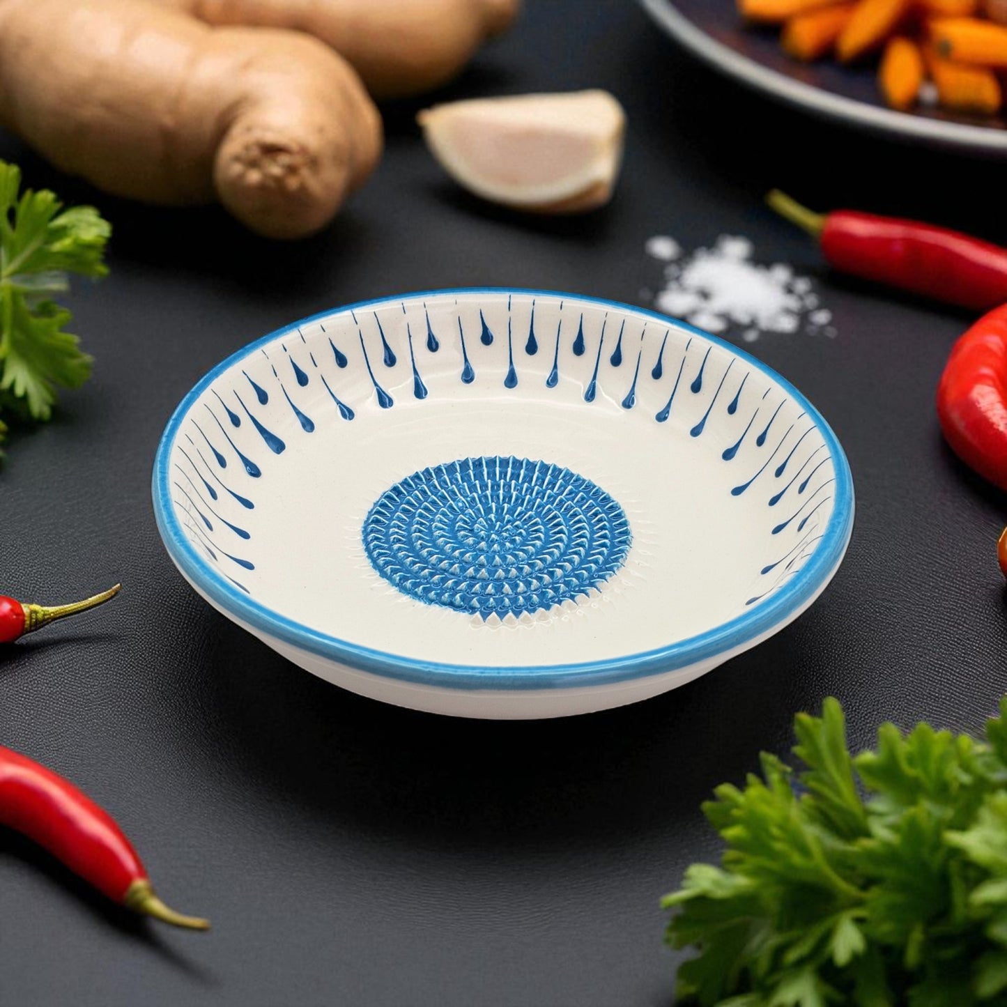 Garlic Grater Bowl, Blue Drops Grater Plate, 7" Ceramic Garlic Grinder, Decorative Grater Bowl