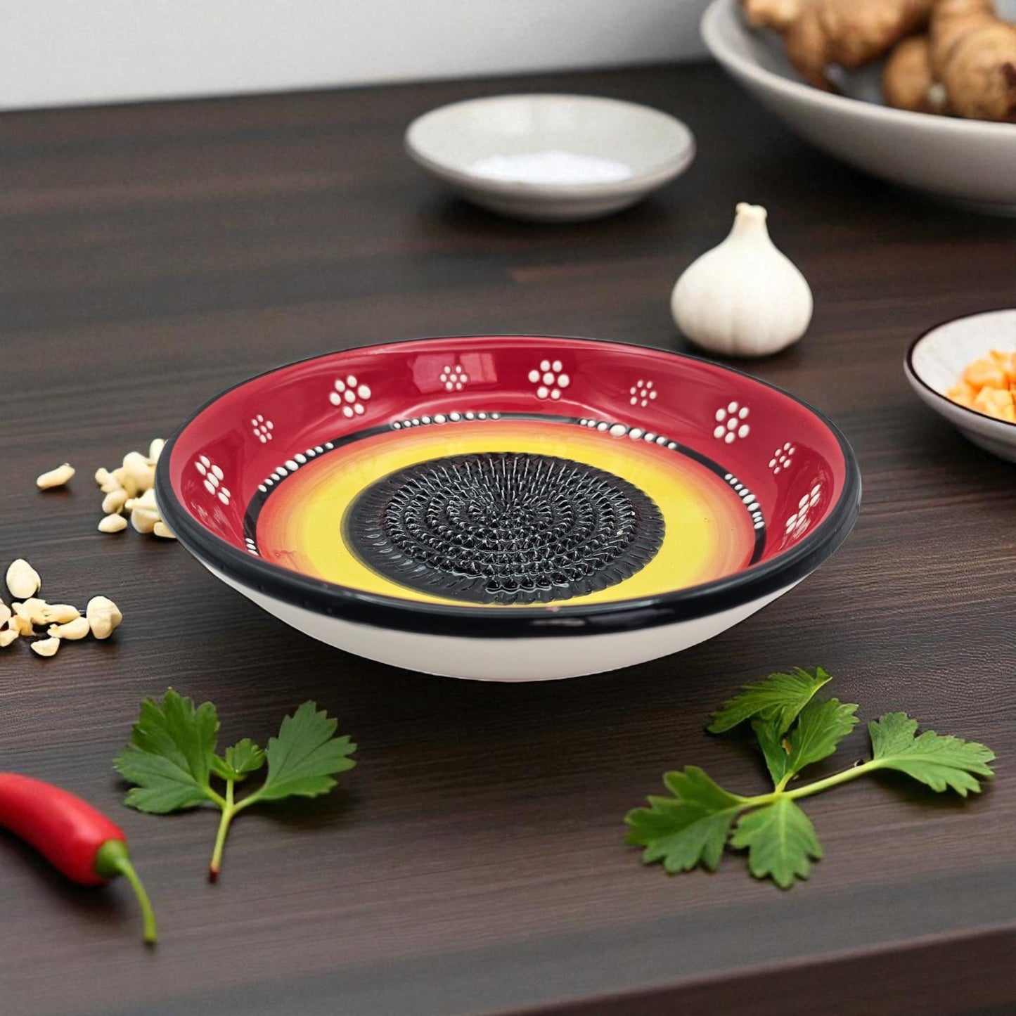 Garlic Grater Bowl, Daisy Red Grater Plate, 7" Ceramic Garlic Grinder, Decorative Grater Bowl