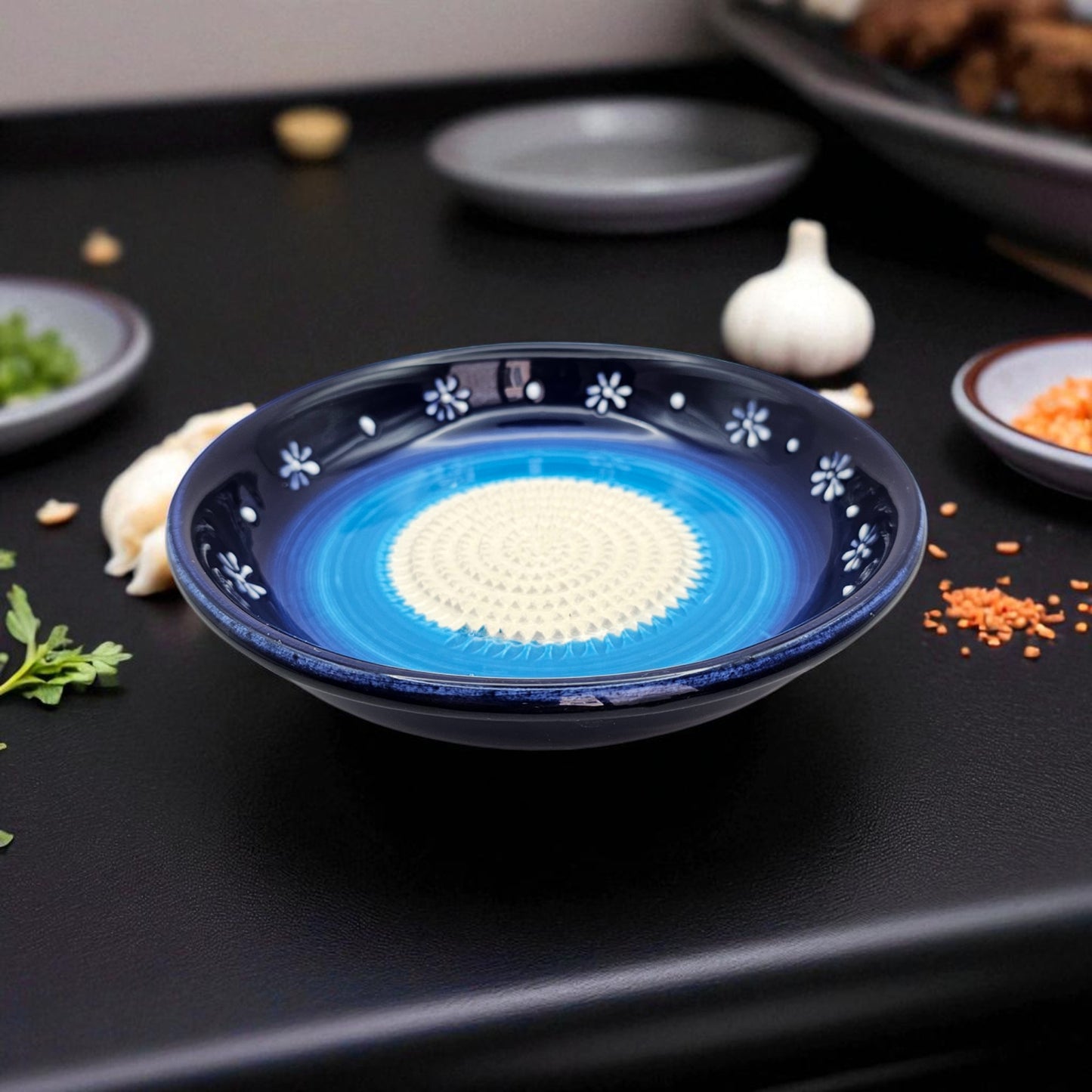 Garlic Grater Bowl, Daisy Blue Grater Plate, 7" Ceramic Garlic Grinder, Decorative Grater Bowl