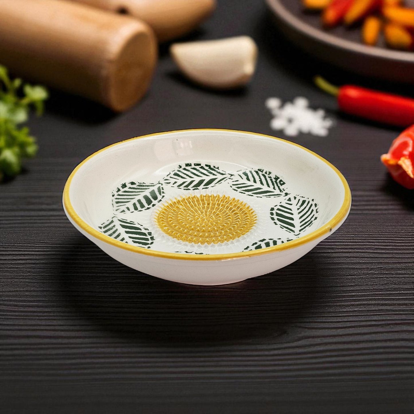 Garlic Grater Bowl, Tropical Yellow Plate, 7" Ceramic Garlic Grinder, Decorative Grater Bowl