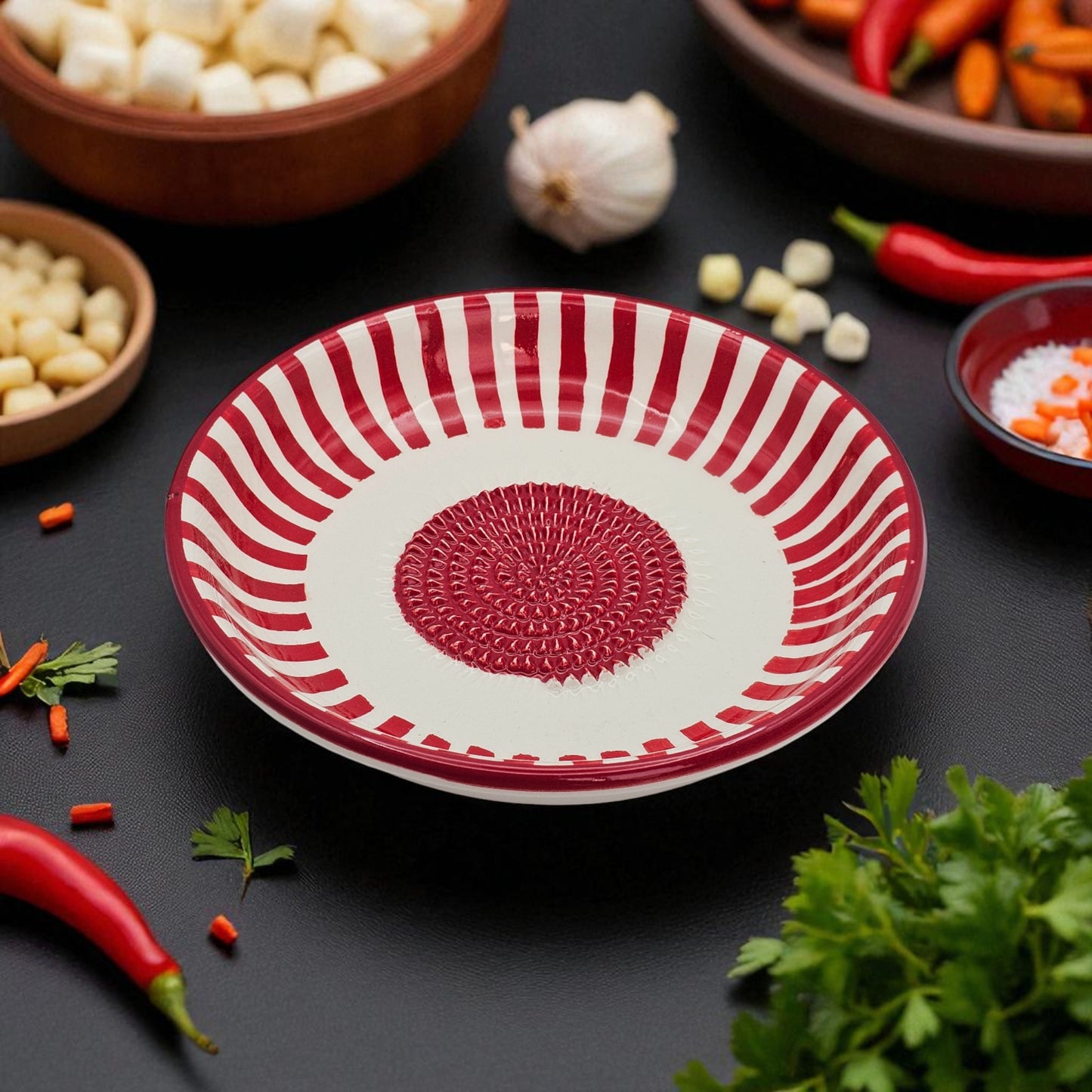 Garlic Grater Bowl, Red Strips Grater Plate, 7" Ceramic Garlic Grinder, Decorative Grater Bowl