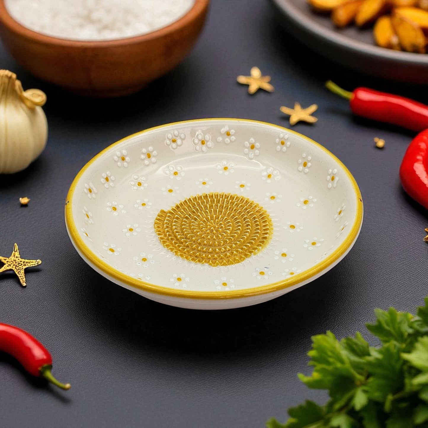 Garlic Grater Bowl, Daisy Garden Grater Plate, 7" Ceramic Garlic Grinder, Decorative Grater Bowl