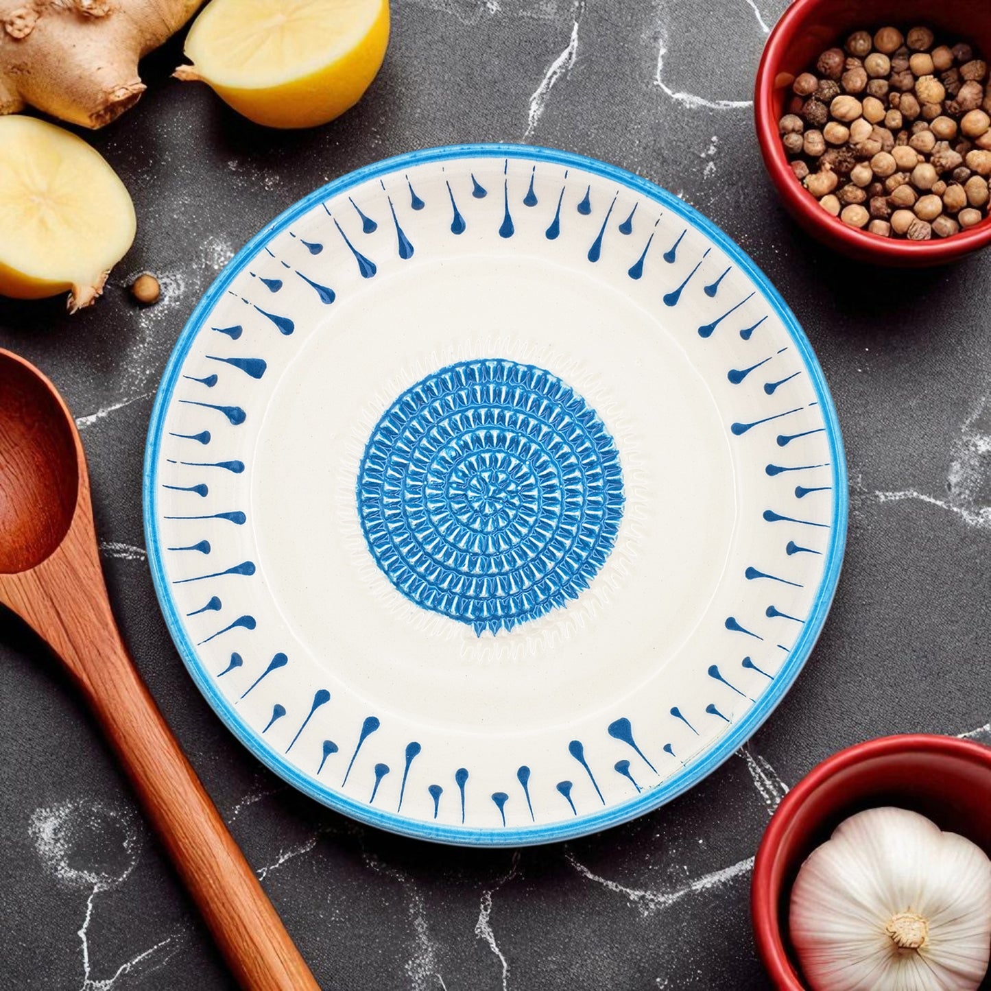 Garlic Grater Bowl, Blue Drops Grater Plate, 7" Ceramic Garlic Grinder, Decorative Grater Bowl