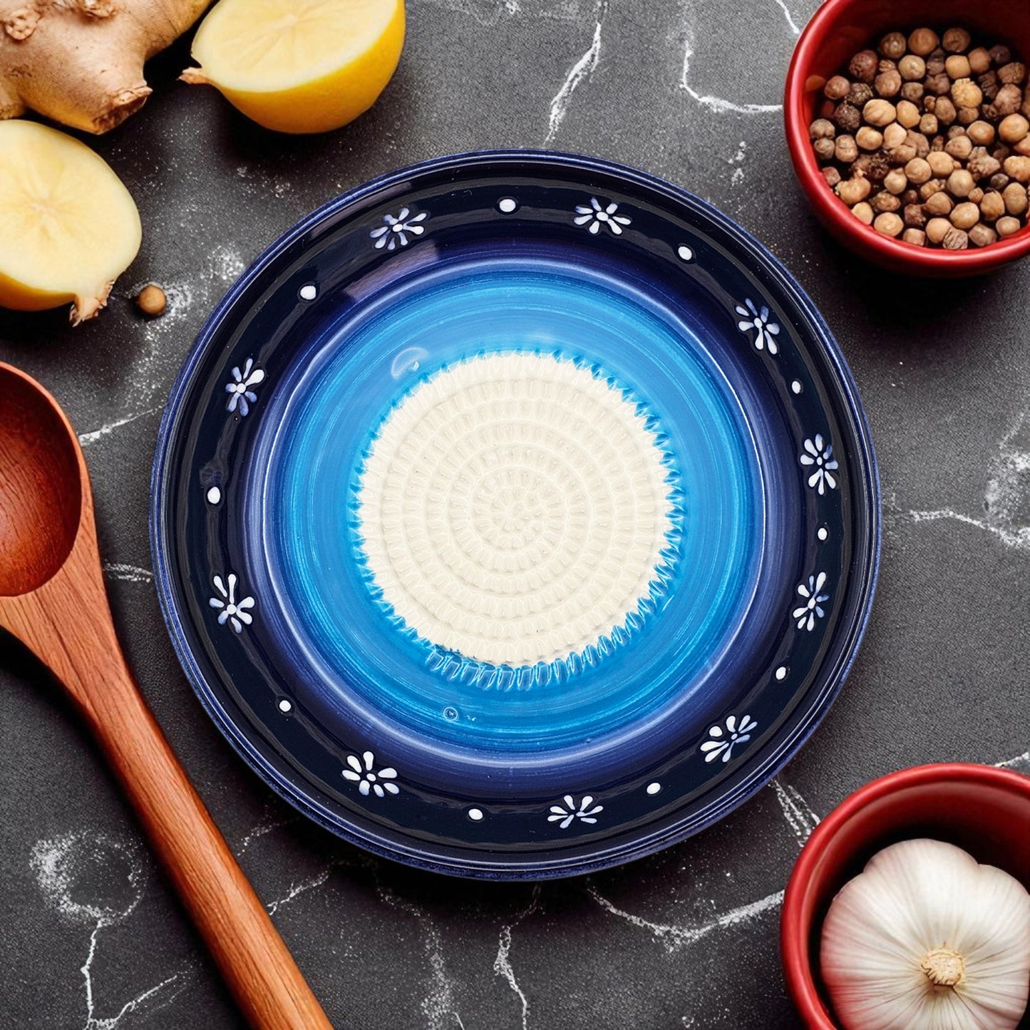 Garlic Grater Bowl, Daisy Blue Grater Plate, 7" Ceramic Garlic Grinder, Decorative Grater Bowl