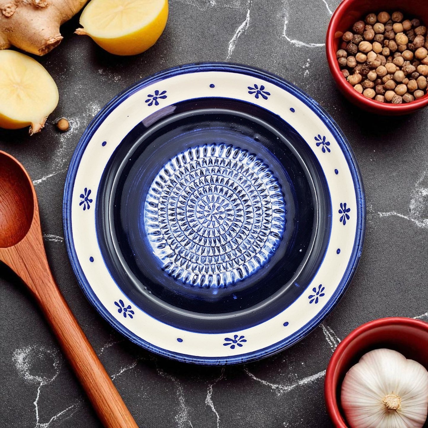 Garlic Grater Bowl, Daisy Navy Grater Plate, 7" Ceramic Garlic Grinder, Decorative Grater Bowl
