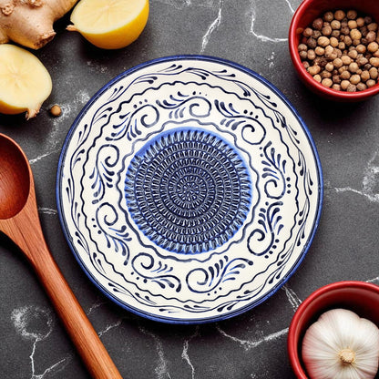 Garlic Grater Bowl, Navy Wave Grater Plate, 7" Ceramic Garlic Grinder, Decorative Grater Bowl