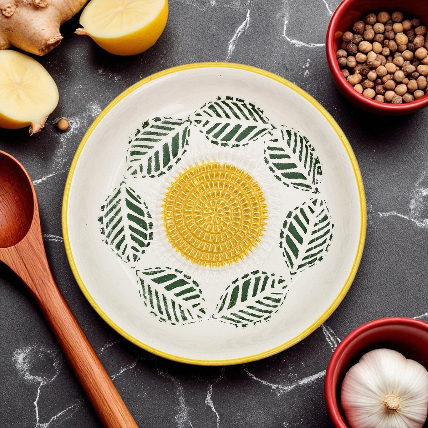 Garlic Grater Bowl, Tropical Yellow Plate, 7" Ceramic Garlic Grinder, Decorative Grater Bowl