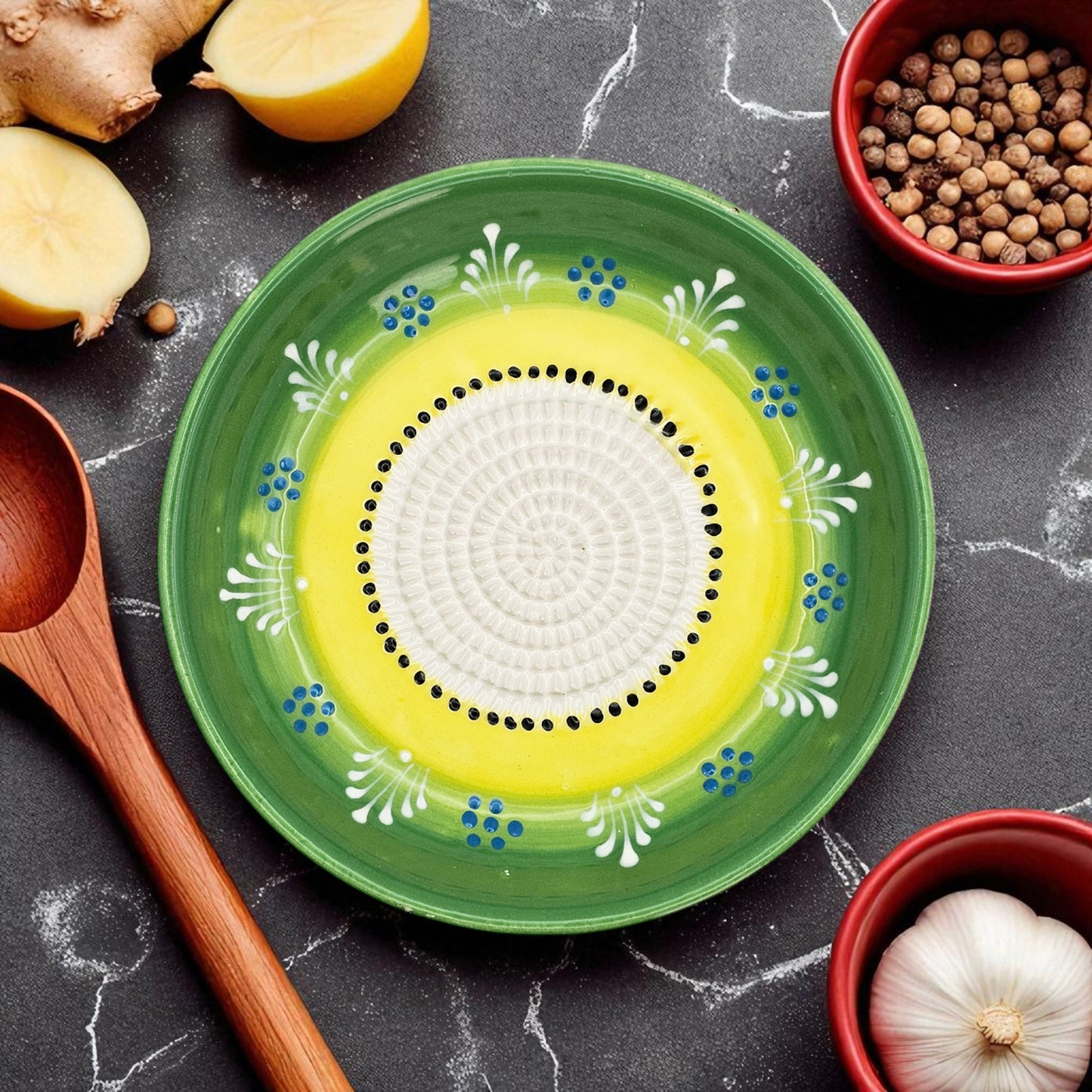 Garlic Grater Bowl, Lime Green Grater Plate, 7" Ceramic Garlic Grinder, Decorative Grater Bowl