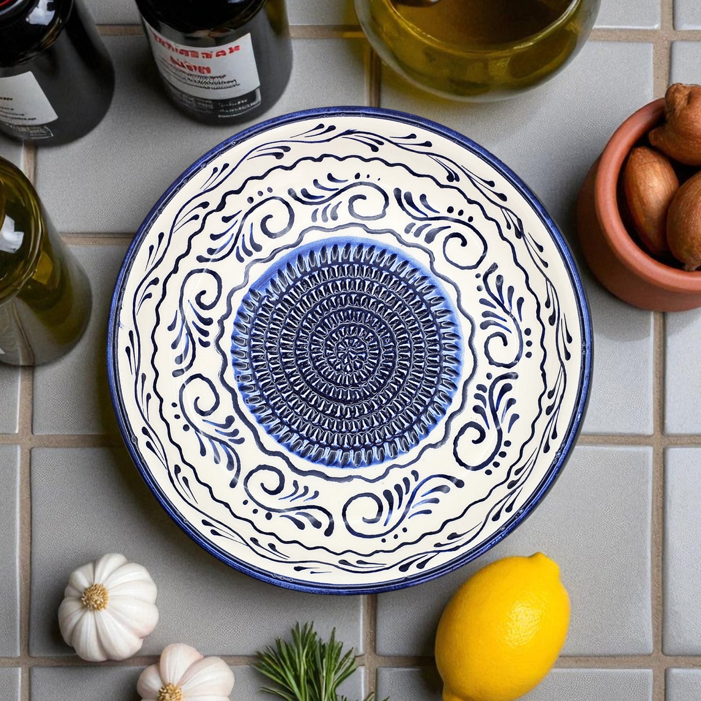 Garlic Grater Bowl, Navy Wave Grater Plate, 7" Ceramic Garlic Grinder, Decorative Grater Bowl