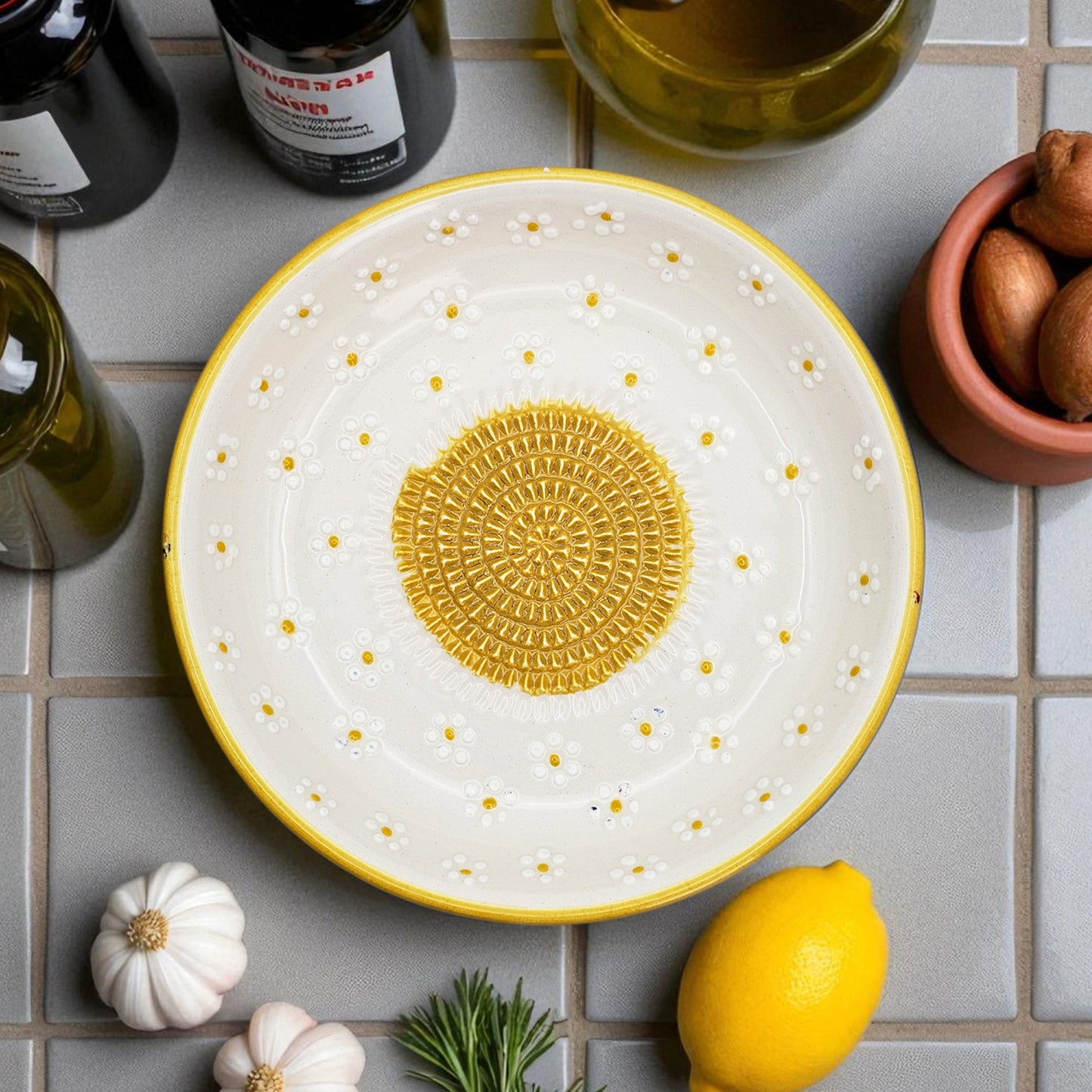 Garlic Grater Bowl, Daisy Garden Grater Plate, 7" Ceramic Garlic Grinder, Decorative Grater Bowl