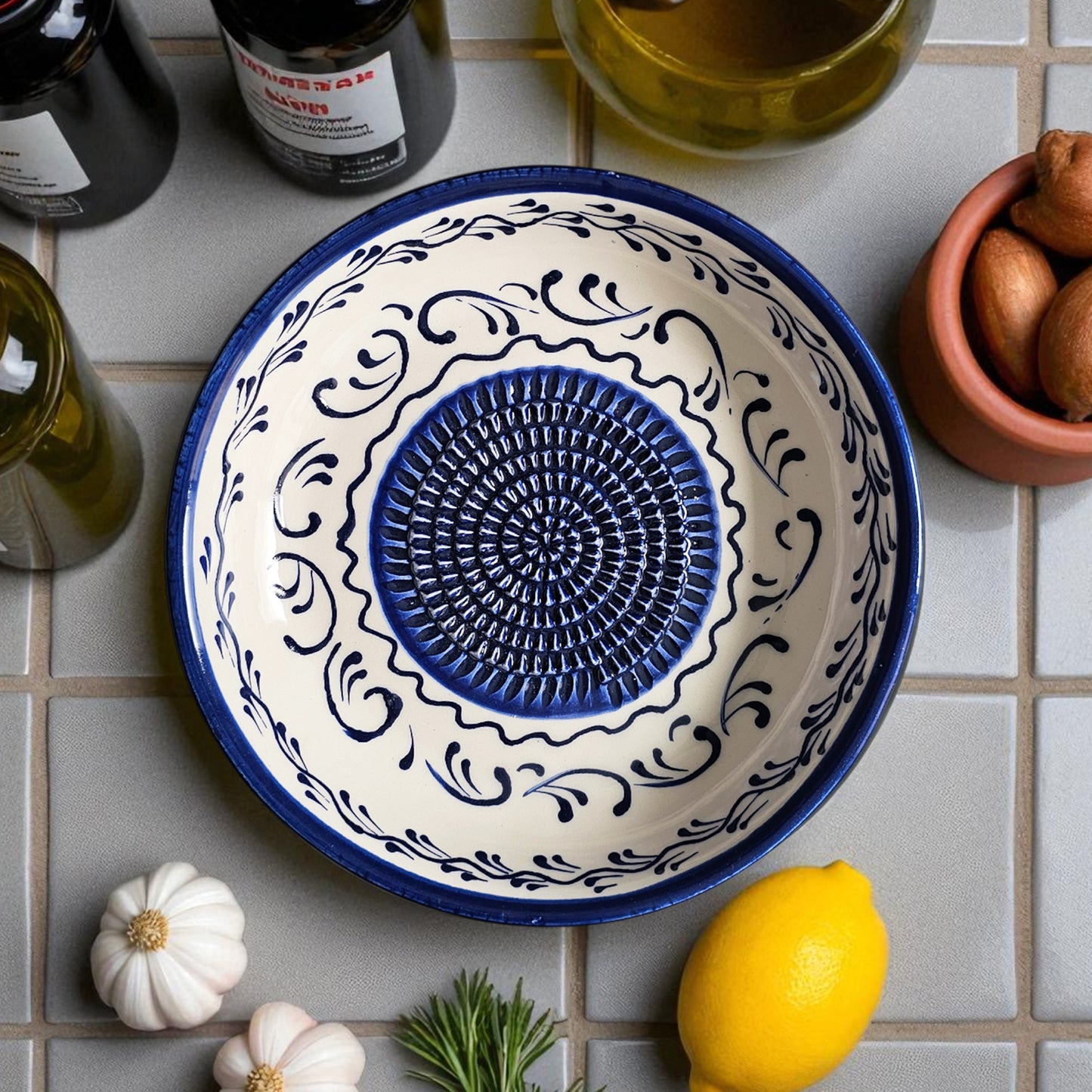 Garlic Grater Bowl, Blue Swirls Design Grater Plate, 7" Ceramic Garlic Grinder, Decorative Grater Bowl