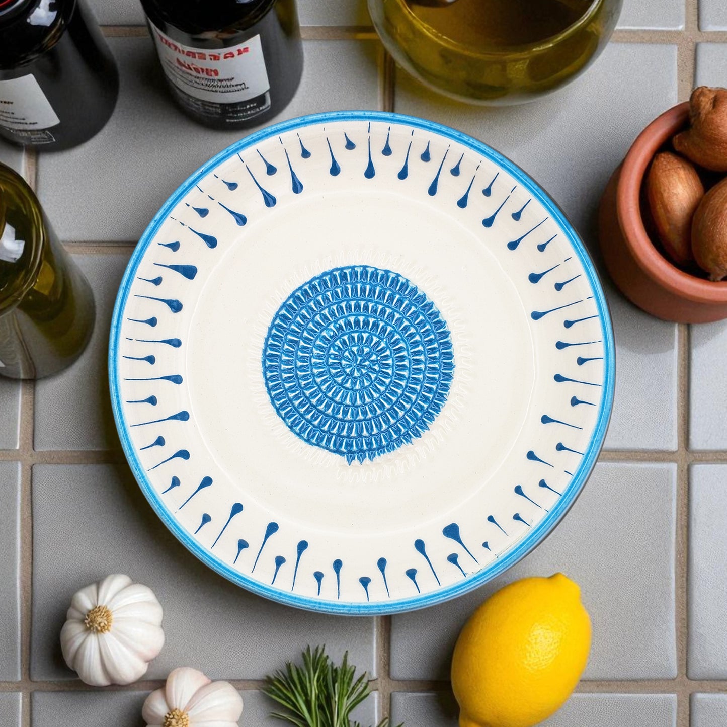 Garlic Grater Bowl, Blue Drops Grater Plate, 7" Ceramic Garlic Grinder, Decorative Grater Bowl
