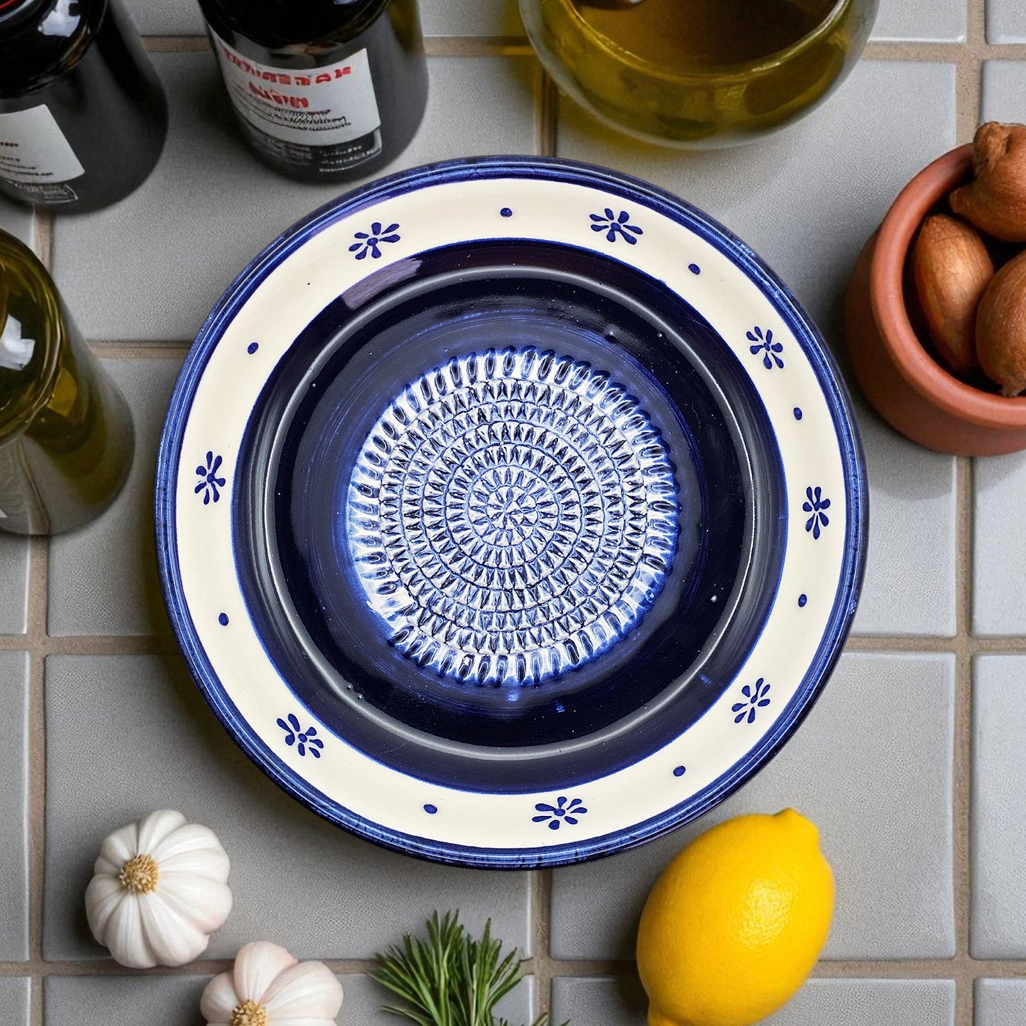 Garlic Grater Bowl, Daisy Navy Grater Plate, 7" Ceramic Garlic Grinder, Decorative Grater Bowl