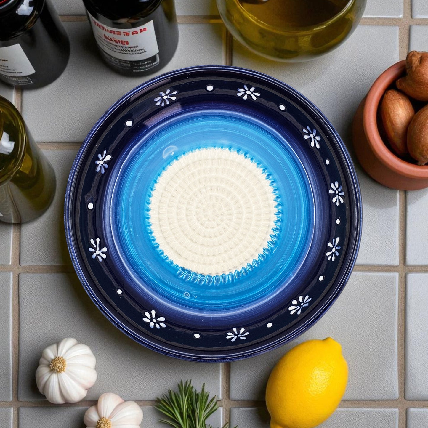 Garlic Grater Bowl, Daisy Blue Grater Plate, 7" Ceramic Garlic Grinder, Decorative Grater Bowl