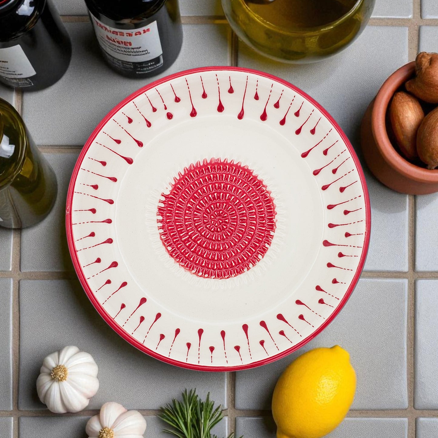 Garlic Grater Bowl, Red Drops Grater Plate, 7" Ceramic Garlic Grinder, Decorative Grater Bowl