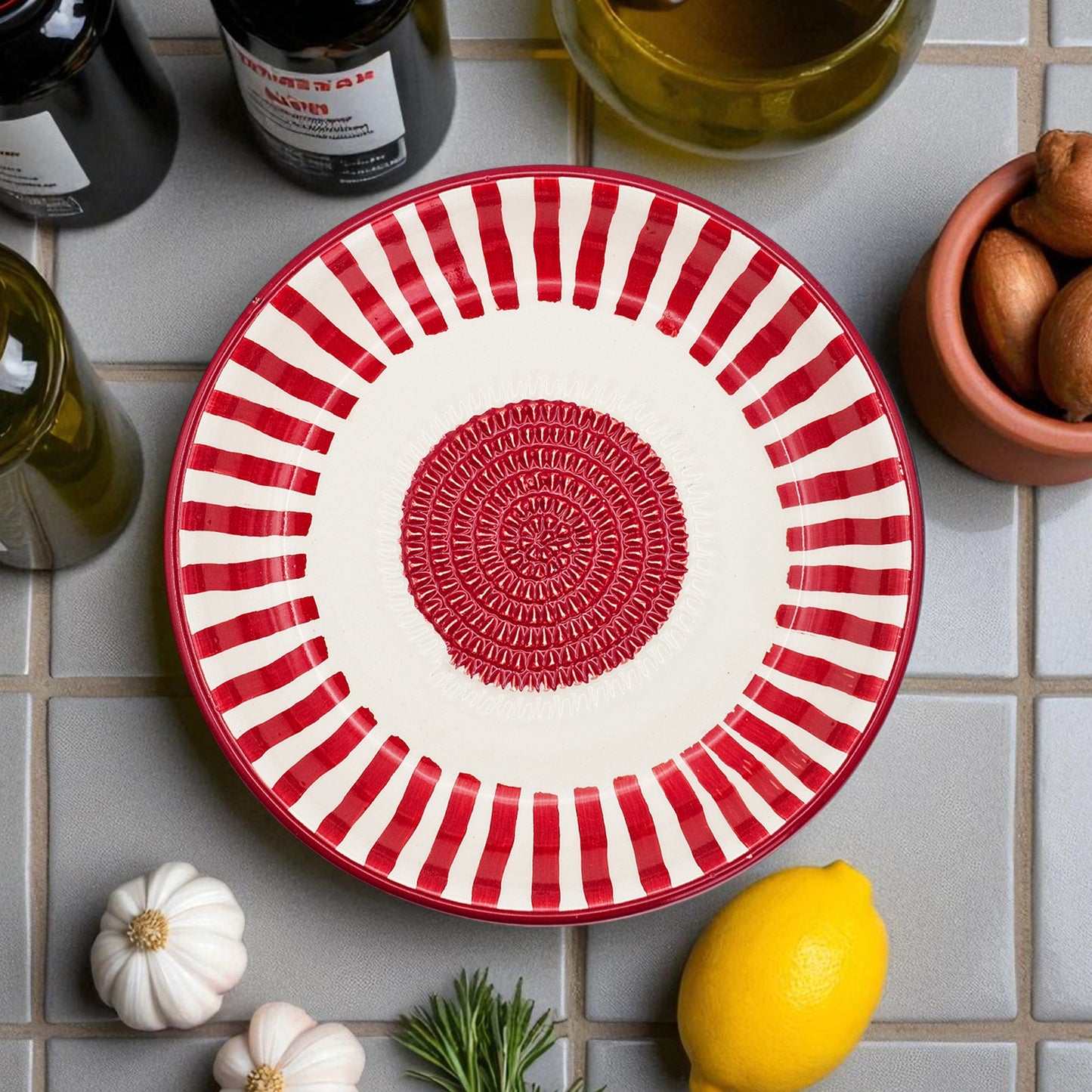 Garlic Grater Bowl, Red Strips Grater Plate, 7" Ceramic Garlic Grinder, Decorative Grater Bowl