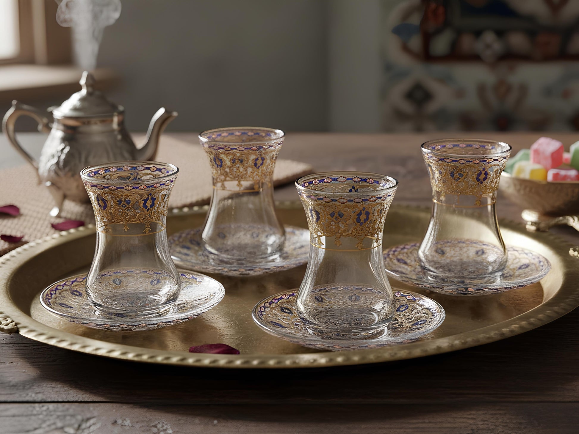 Set of glass cups with gold and blue designs on a metallic tray, with a teapot in the background.