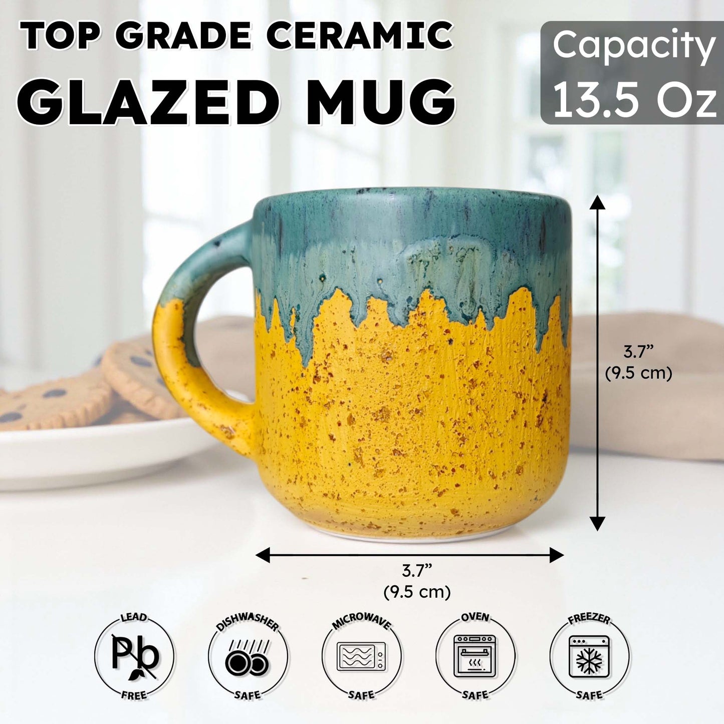 Ceramic mug with blue and yellow glaze, dimensions, and safety icons displayed.