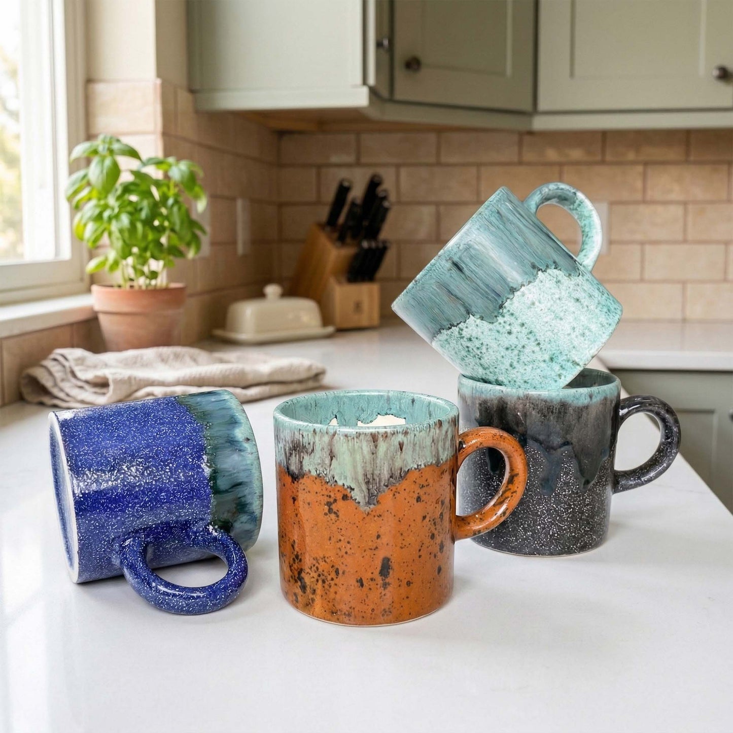 Four ceramic mugs with textured glaze in various colors on a kitchen counter.