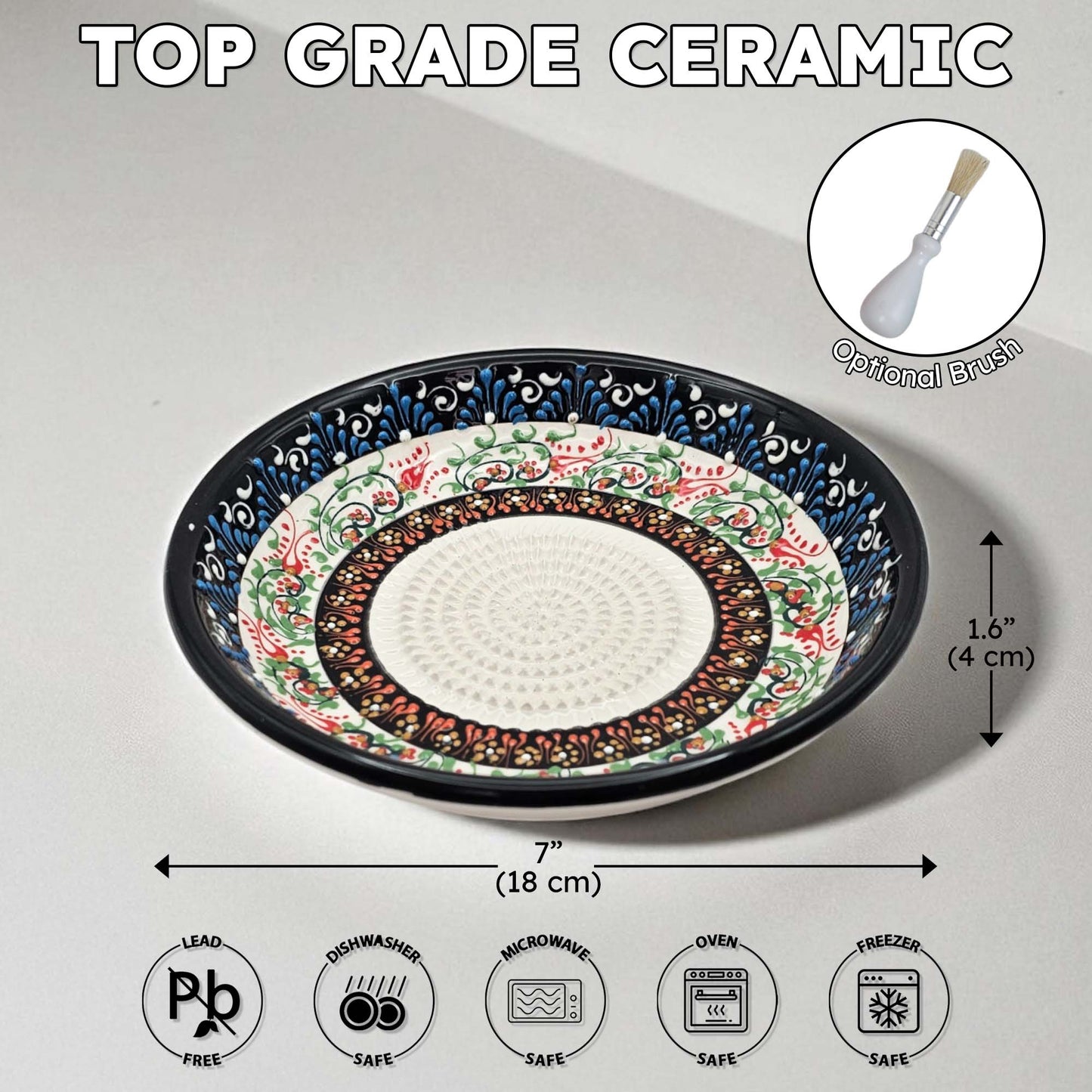 Decorative ceramic garlic grater bowl with floral patterns on a gray background, featuring dimensions and safety icons.