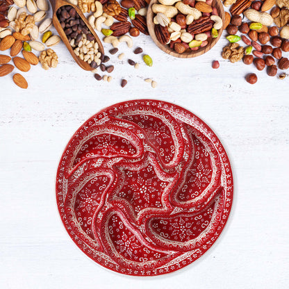 Hand-painted red Turkish ceramic serving tray set, 8-piece platter for snacks, appetizers, dips, and desserts, festive dining table centerpiece