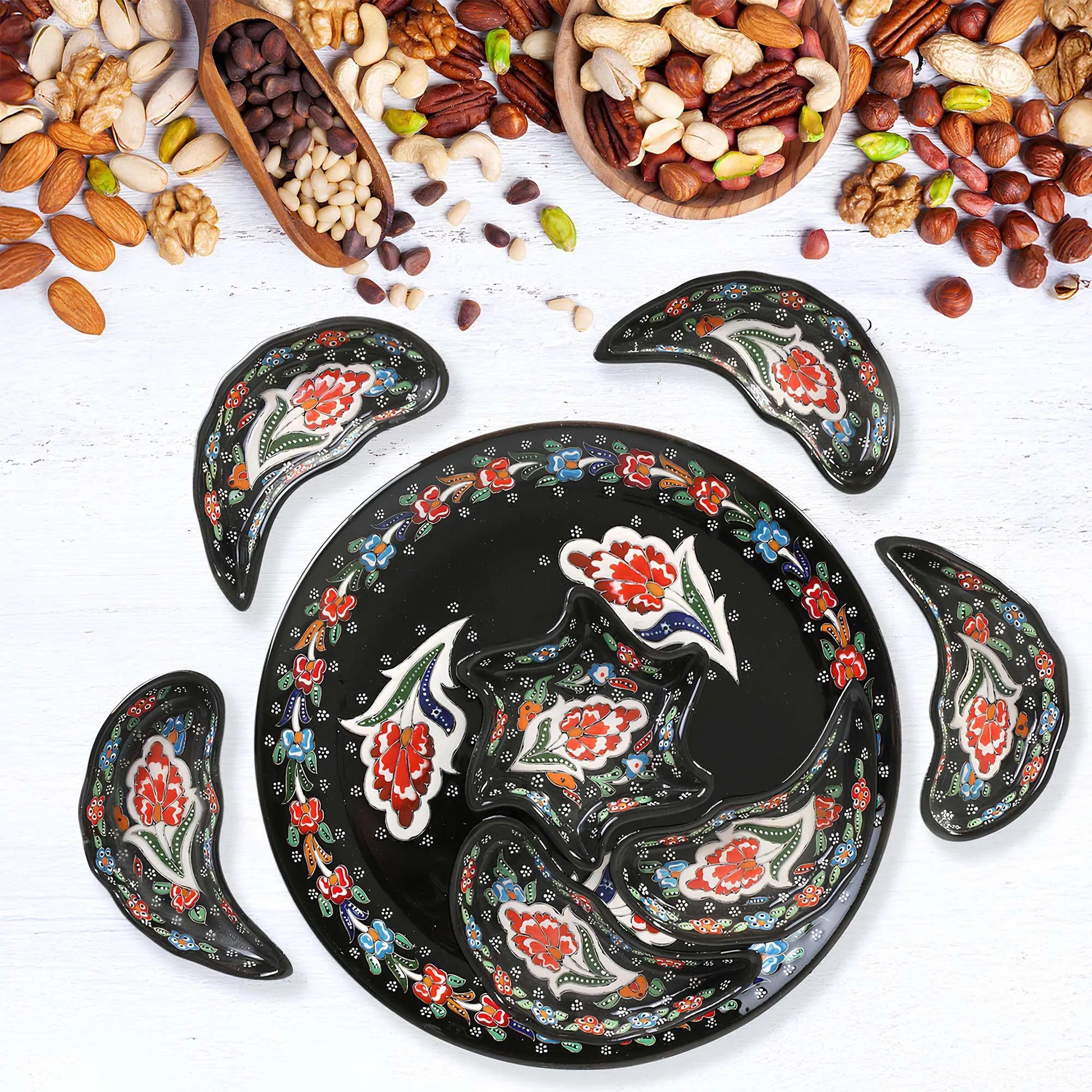 Black Turkish Floral – 8 Piece Ceramic Snack Serving Tray Set, Handmade Appetizer Platters - EVANILIFE