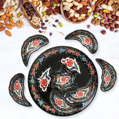 Black Turkish Floral – 8 Piece Ceramic Snack Serving Tray Set, Handmade Appetizer Platters - EVANILIFE