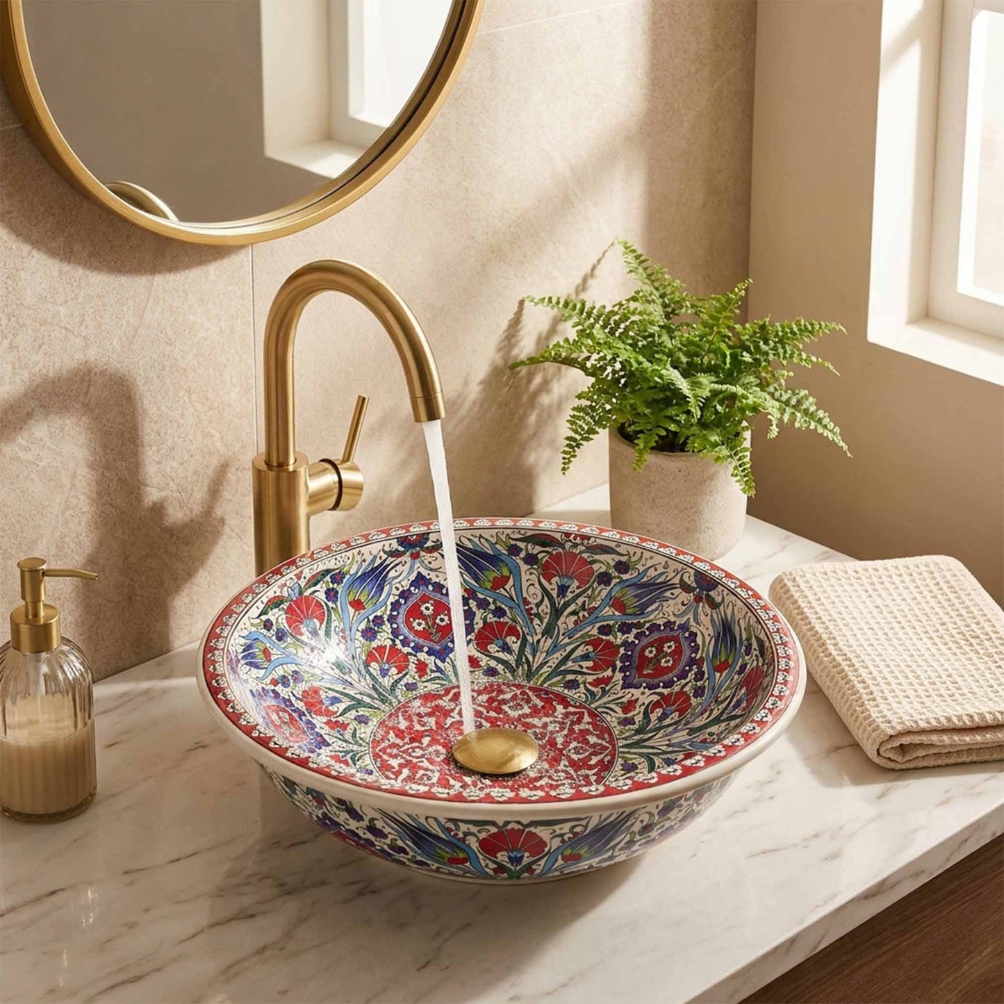 Ruby Garden Medallion Ceramic Vessel Sink, Handpainted Bathroom Basin