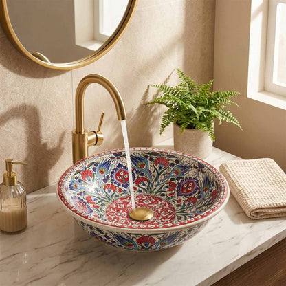 Ruby Garden Medallion Ceramic Vessel Sink, Handpainted Bathroom Basin