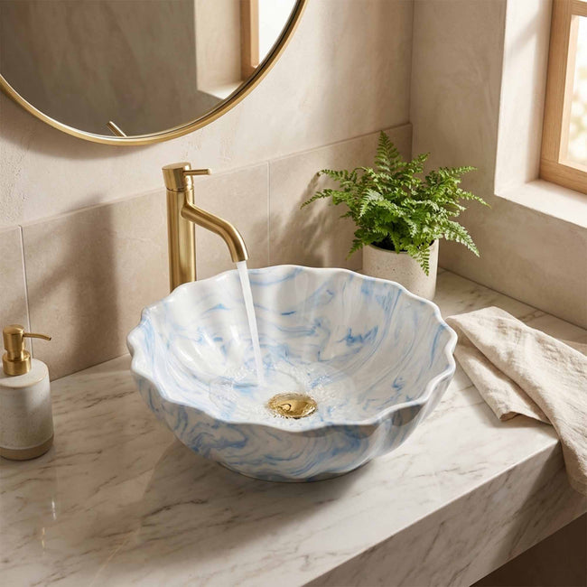 Sky Blue Petal Marble Ceramic Vessel Sink, Handpainted Artistic Bathroom Basin