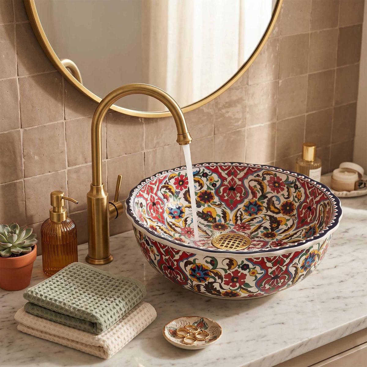 Decorative bathroom sink with floral patterns, gold faucet, and towels on a marble countertop.