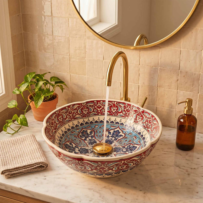Ruby Mosaic Arabesque Ceramic Vessel Sink, Handpainted Bathroom Basin