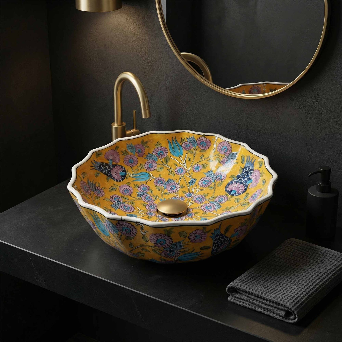Golden Meadow Ceramic Vessel Sink, Handpainted Scalloped Bathroom Basin