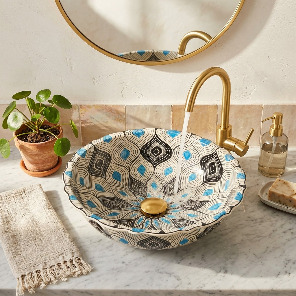 Decorative bathroom sink with geometric pattern, gold faucet, and plant on marble countertop.