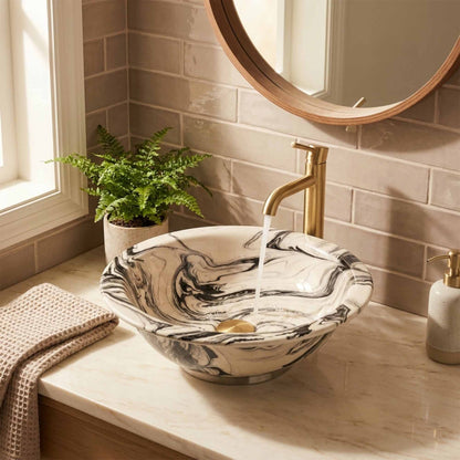 Black Marble Swirl Ceramic Vessel Sink, Handpainted Bathroom Basin