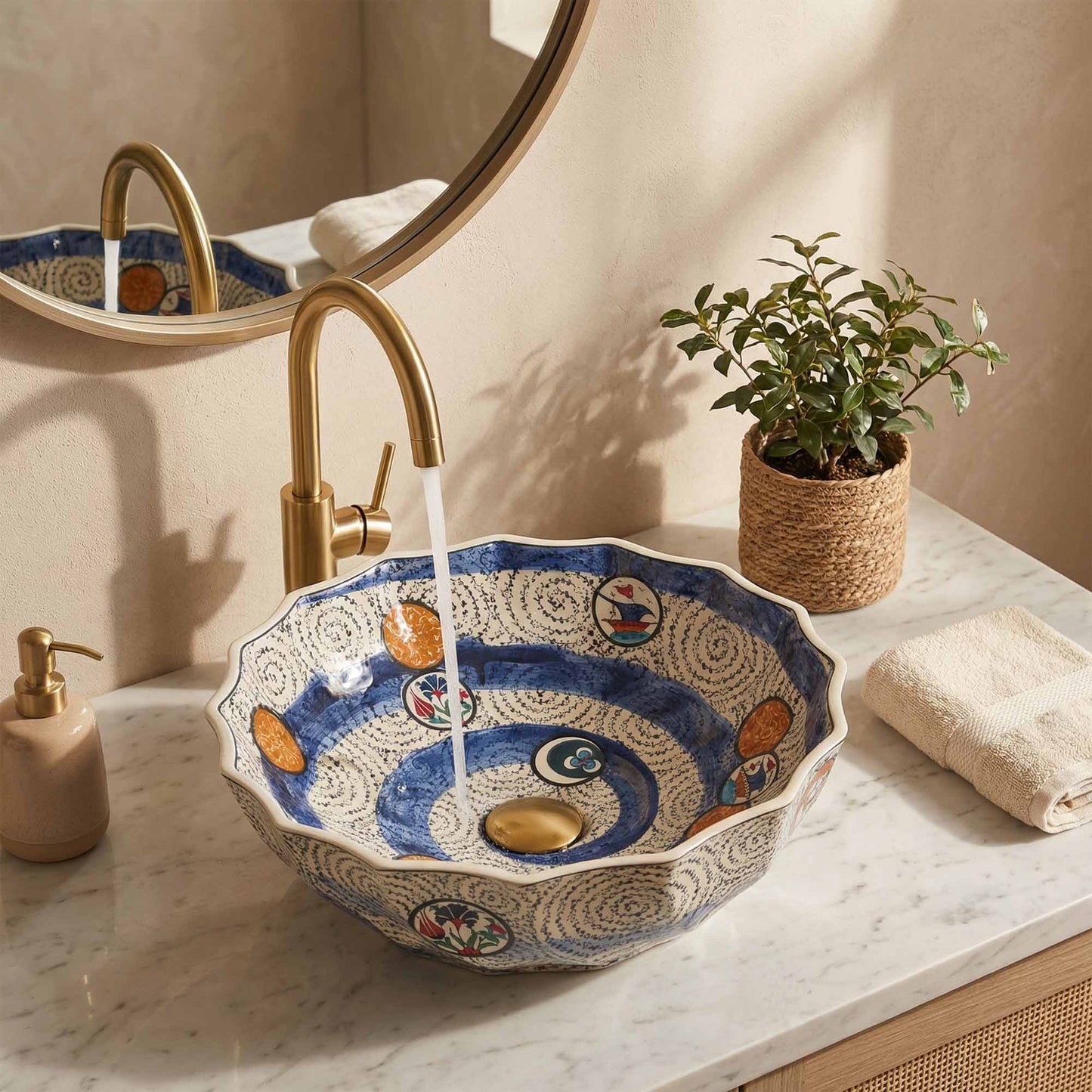 Aegean Wave Ceramic Vessel Sink, Handpainted Scalloped Bathroom Basin