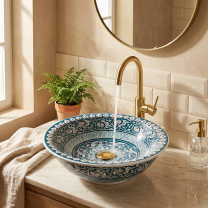 Verdant Arabesque Ceramic Vessel Sink, Handpainted Bathroom Basin