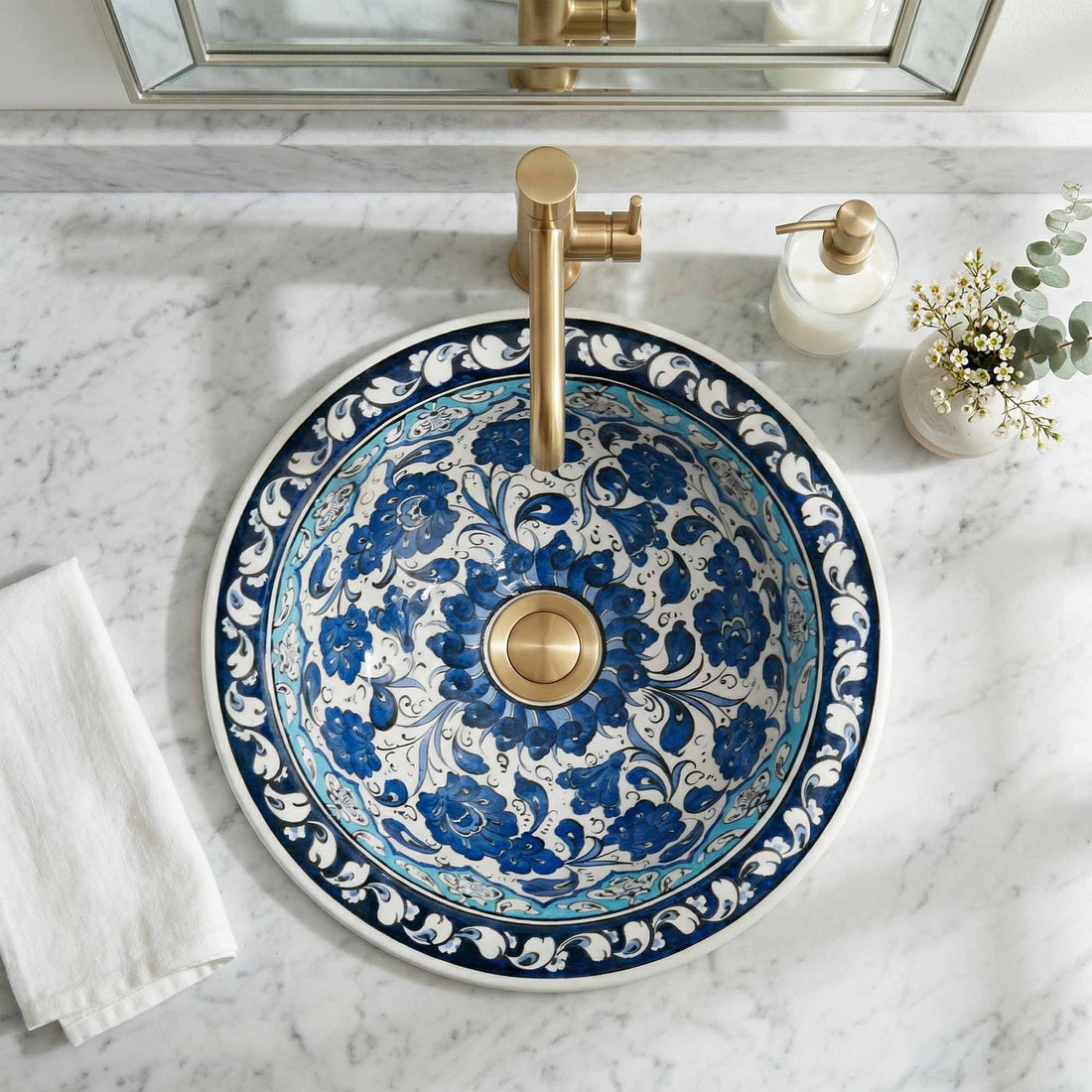 Azure Bloom Ceramic Vessel Sink, Handpainted Floral Bathroom Basin