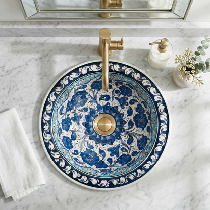 Azure Bloom Ceramic Vessel Sink, Handpainted Floral Bathroom Basin
