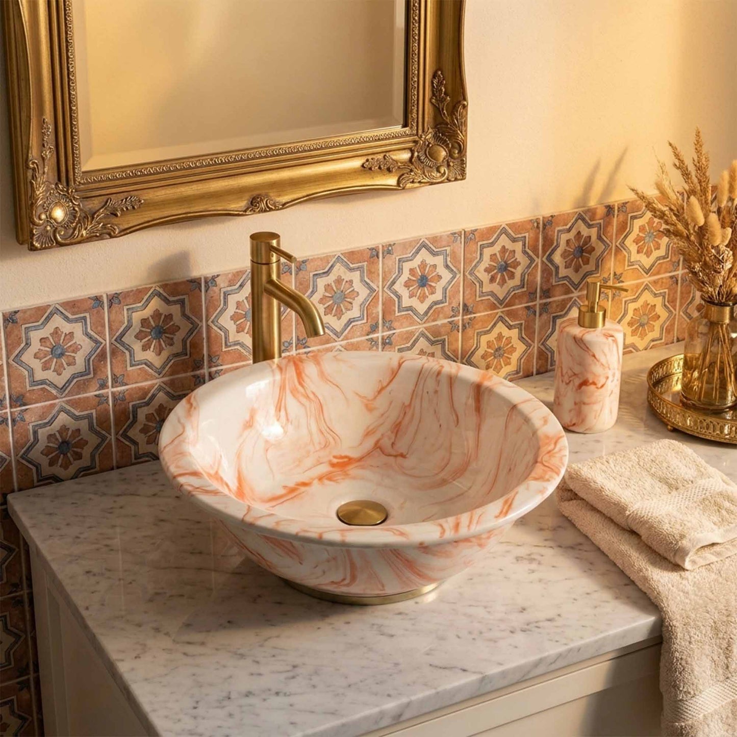 Blush Marble Swirl Ceramic Vessel Sink, Handpainted Bathroom Basin