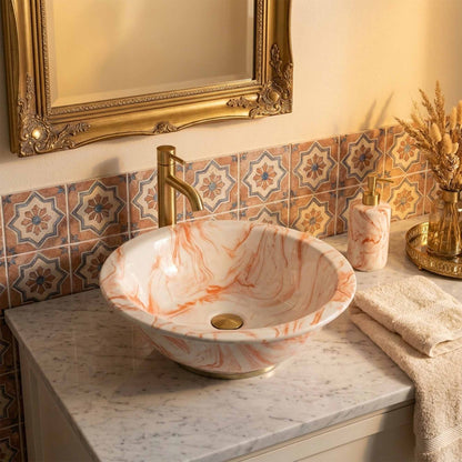 Blush Marble Swirl Ceramic Vessel Sink, Handpainted Bathroom Basin
