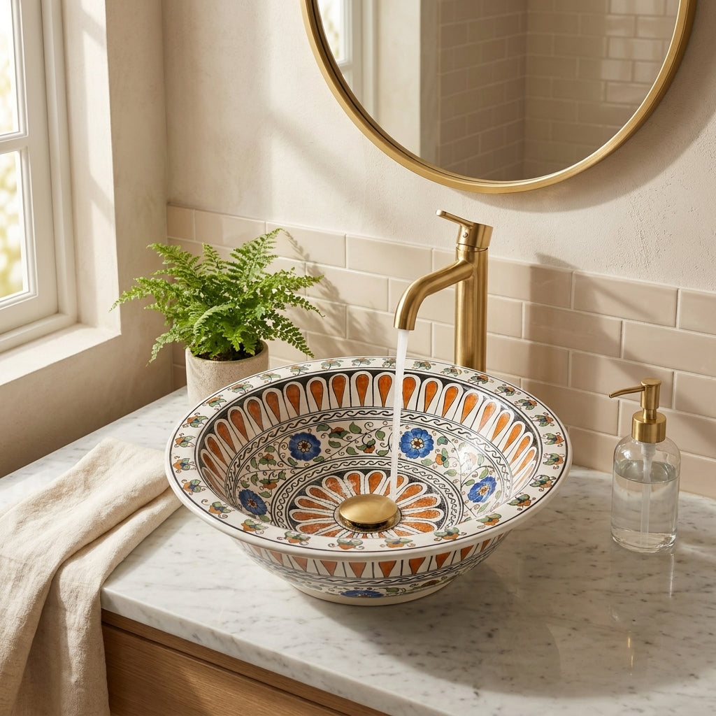 Decorative ceramic sink with a gold faucet in a bathroom setting.