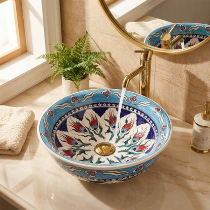 Sky Blossom Tulip Ceramic Vessel Sink, Handpainted Bathroom Basin