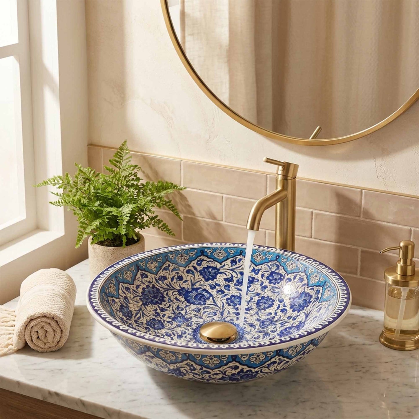 Azure Filigree Blossom Ceramic Vessel Sink, Handpainted Bathroom Basin