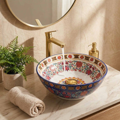 Imperial Sapphire Floral Ceramic Vessel Sink, Handpainted Turkish Bathroom Basin