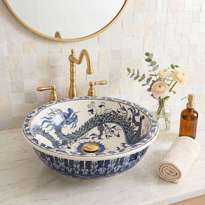 Azure Imperial Dragon Ceramic Vessel Sink, Handpainted Bathroom Basin