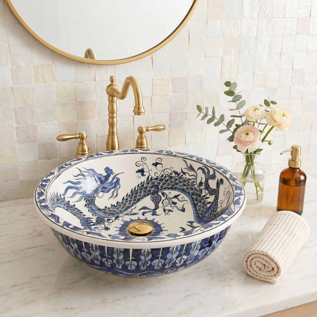 Azure Imperial Dragon Ceramic Vessel Sink, Handpainted Bathroom Basin